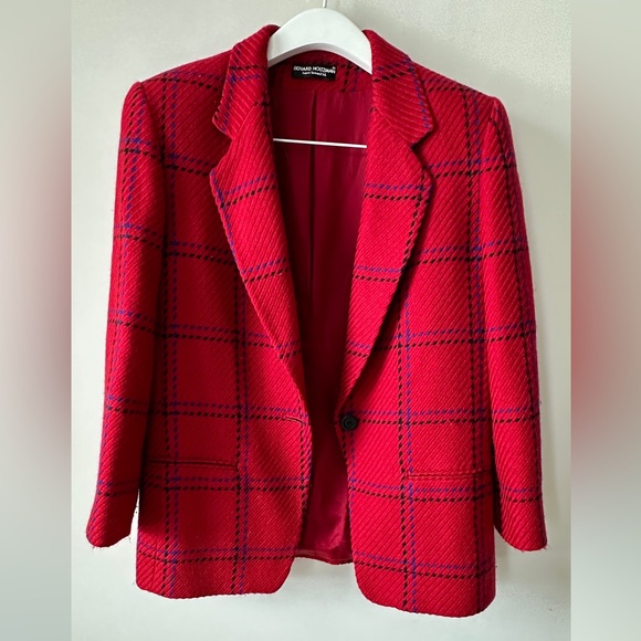 Vintage  Red Wool Pane Style Plaid Blazer By BERNARD HOLTZMAN Size 14 - Picture 4 of 13